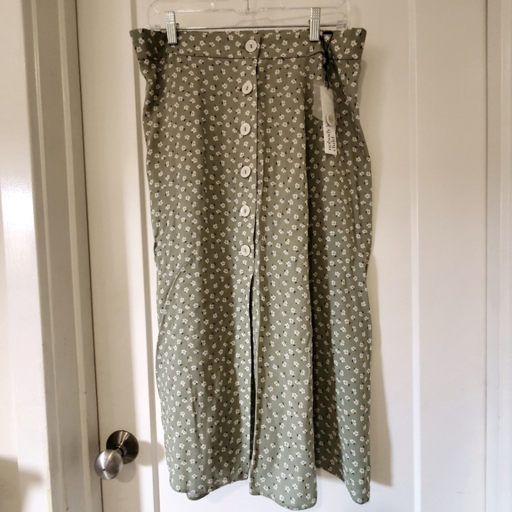 Nobody's Child Floral Olive Midi Button Skirt 10